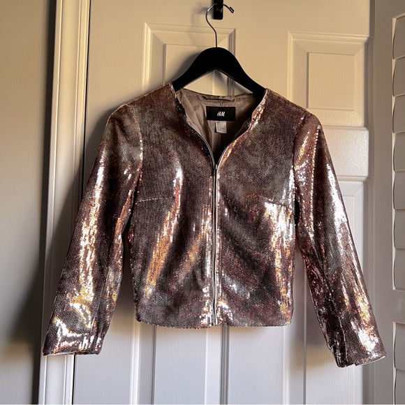 H&M | Jackets & Coats | Hm Rose Gold Metallic Sequin Jacket | Poshmark